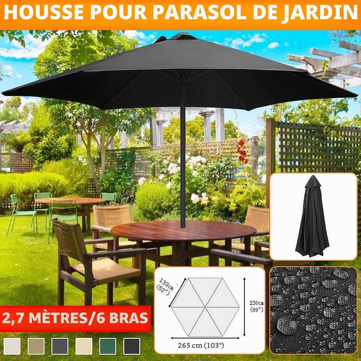 Housse de rechange parasol déporté, 3m, 6/8 baleines, protection UV, imperméable, pièces de rechange balcon, jardin, piscine, plage, gris, 8 Streben