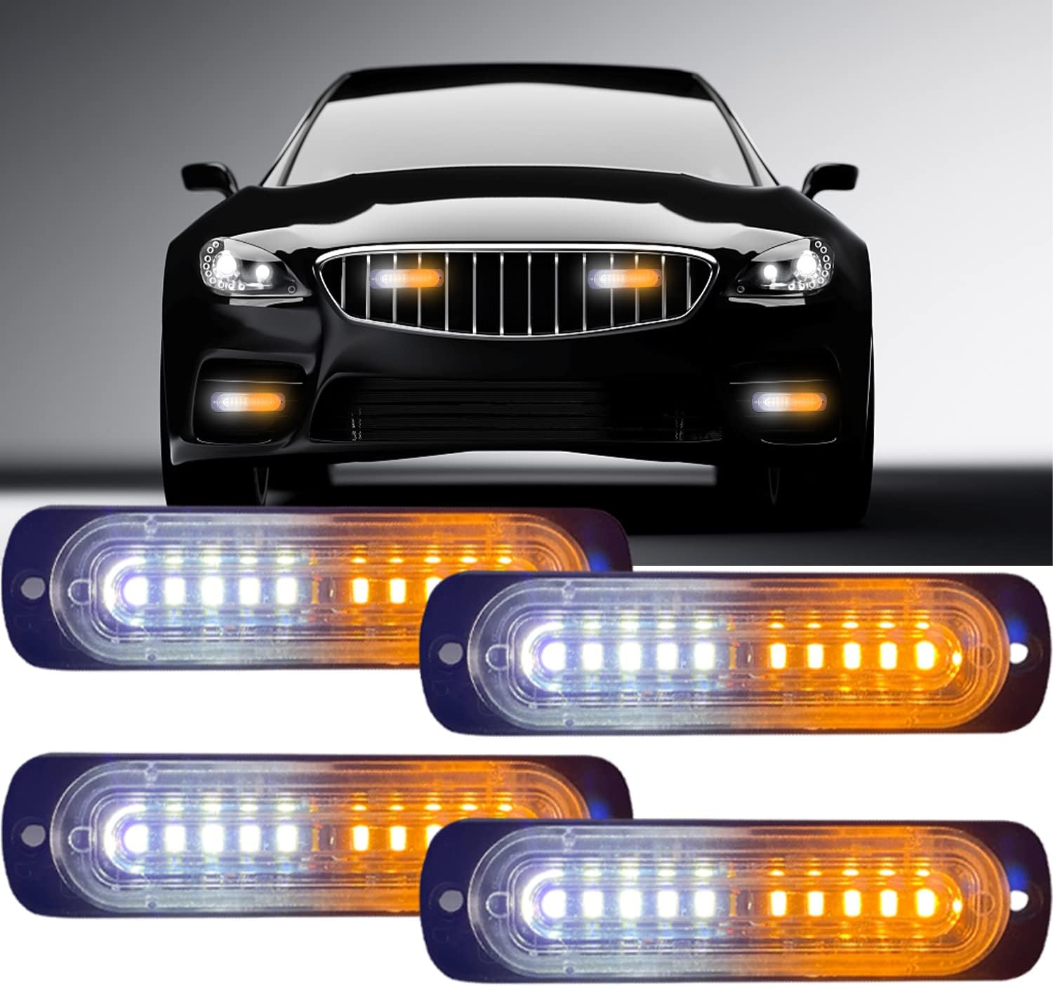 LED Strobe Warning Light XT AUTO 4.4-inch Ultra Thin Slim 10 LED Light Head Emergency Hazard Beacon Caution Flashing Police Lights for Truck Car Pickup Vehicle Amber White 4-pack