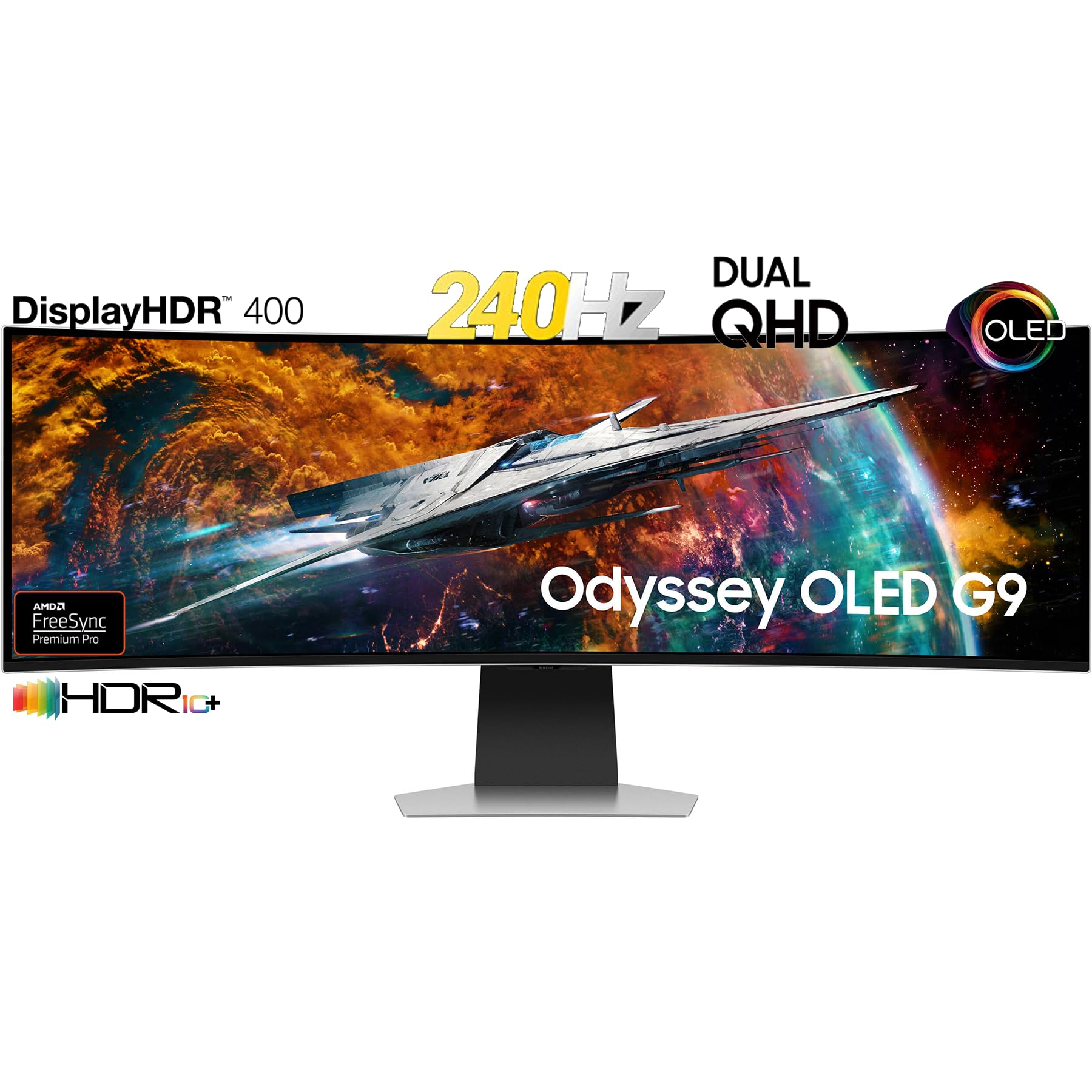 SAMSUNG Odyssey OLED G9 Curved Gaming Monitor - 49" Dual QHD (5120 x 1440) OLED - 240Hz Refresh Rate - 32: 9-0.03ms GTG - HDR10+ - 1,000,000:1 - AMD FreeSync Premium Pro - Flicker Free - Silver