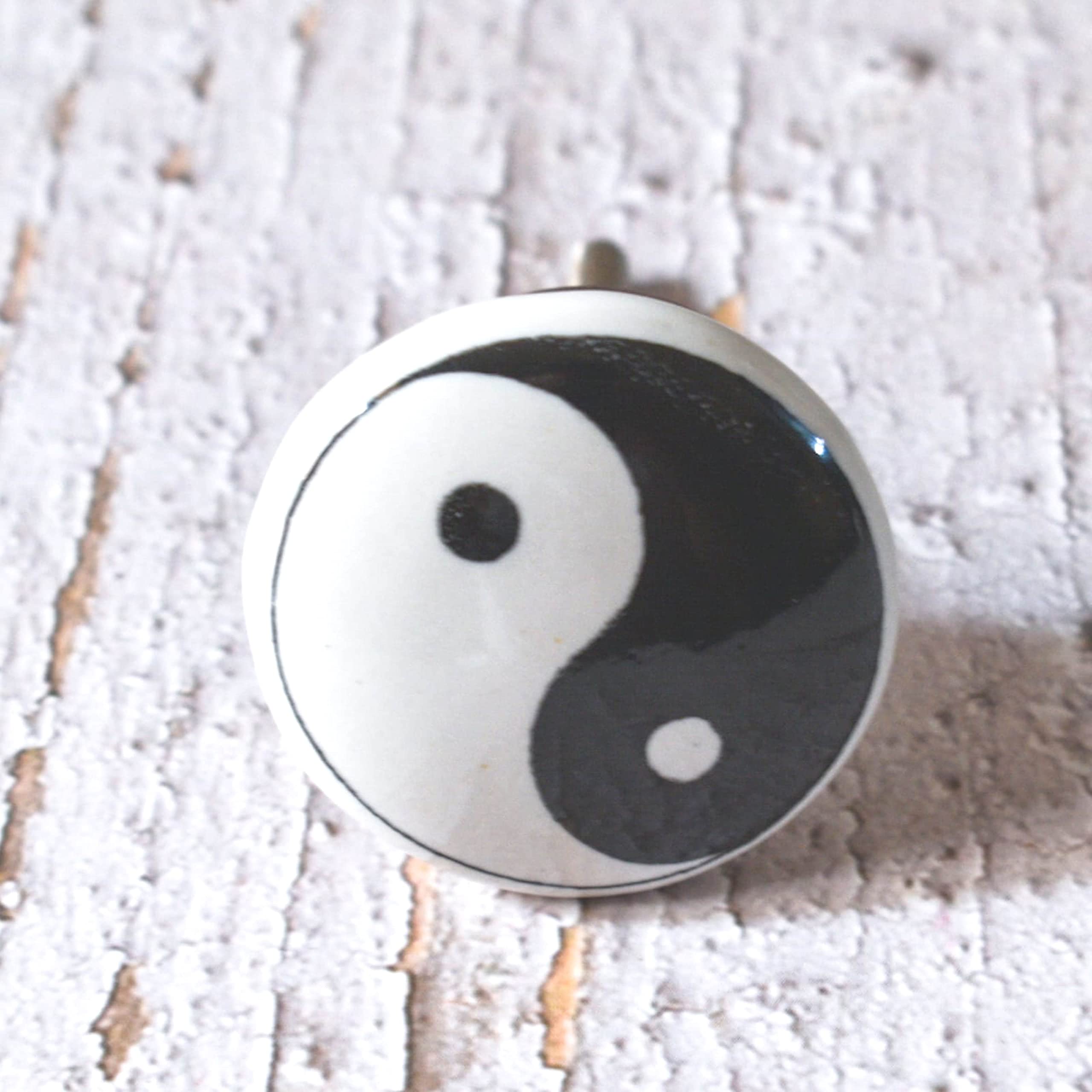 ARTISNO Hand Painted Ceramic Cabinet Drawer Pull/Use for Cupboard, Wardrobe Door/Kitchen Cabinet Pull- White Knobs, Black Knobs- Set of 10 (Ying yang) โ image 1
