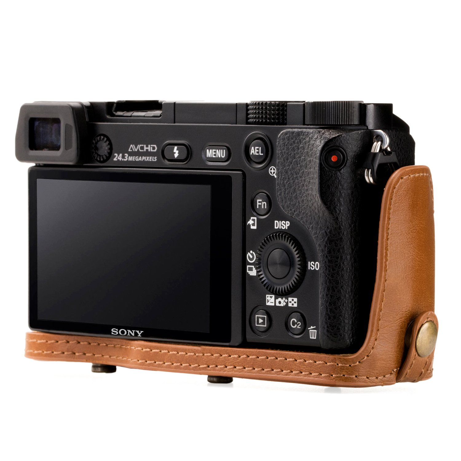 MegaGear MG408 Sony Alpha A6300, A6000 (16-50 mm) Estuche Ever Ready, Funda de cuero, de pronto uso, con correa - Marrón claro