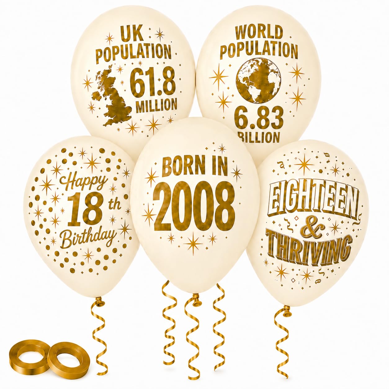 30 Pack 18th Birthday Balloons, 12 Inch Latex, Cream and Gold, Born in 2008