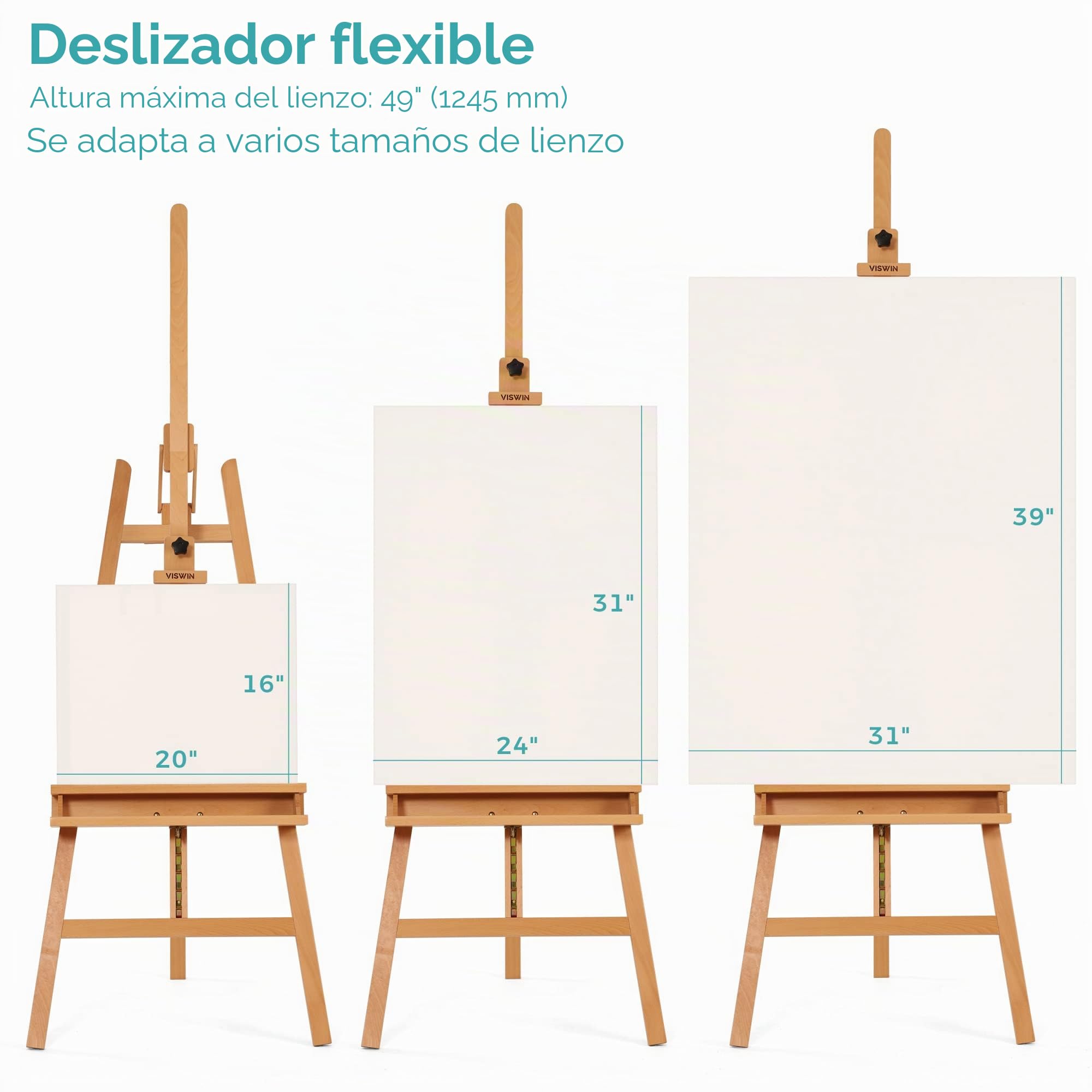 VISWIN Caballete inclinable con marco en A para pintar y exhibir, ajustable de 65 a 89 pulgadas de alto, soporta lienzo de hasta 49 pulgadas, soporte de caballete de madera de haya con bandeja de