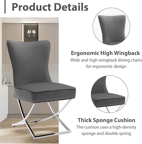 Miniatura 30 de Juego de 2 sillas de comedor de terciopelo, modernas y cómodas sillas de comedor tapizadas con respaldo copetudo y patas de acero inoxidable, color