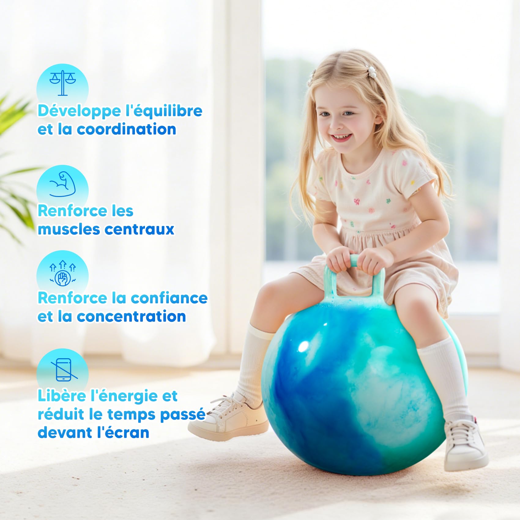 INPODAK Space Hopper, Balle Sauteuse de 45cm, Balle Sauteuse pour Enfants de 3 à 6 Ans, Balle Rebondissante avec poignée, Jouet Sauteur pour Enfants de 3, 4, 5 et 6 Ans(Nuages Bleus)