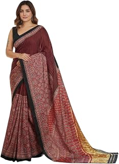 Eddika Naturally Dyed Ajrakh Hand Block Printed Modal Silk Saree with lagda patti (zari) inclusive of Blouse Piece | 6.3 M... Price In India