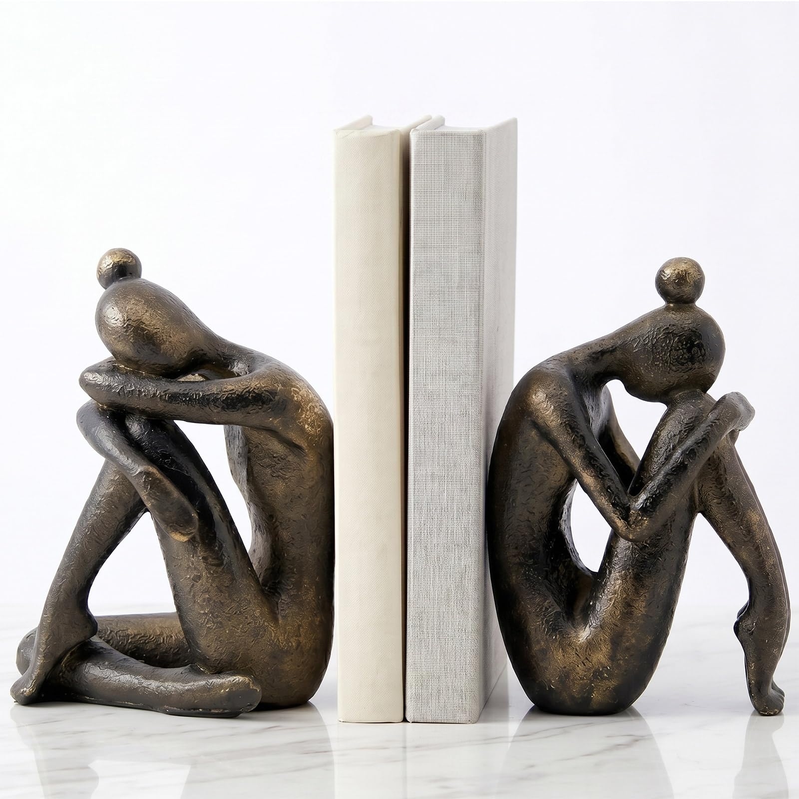 Luyseyha Decorative Bookends, Resin, Bronze Finish, Abstract Thinker Figure, 16x7.5x10cm