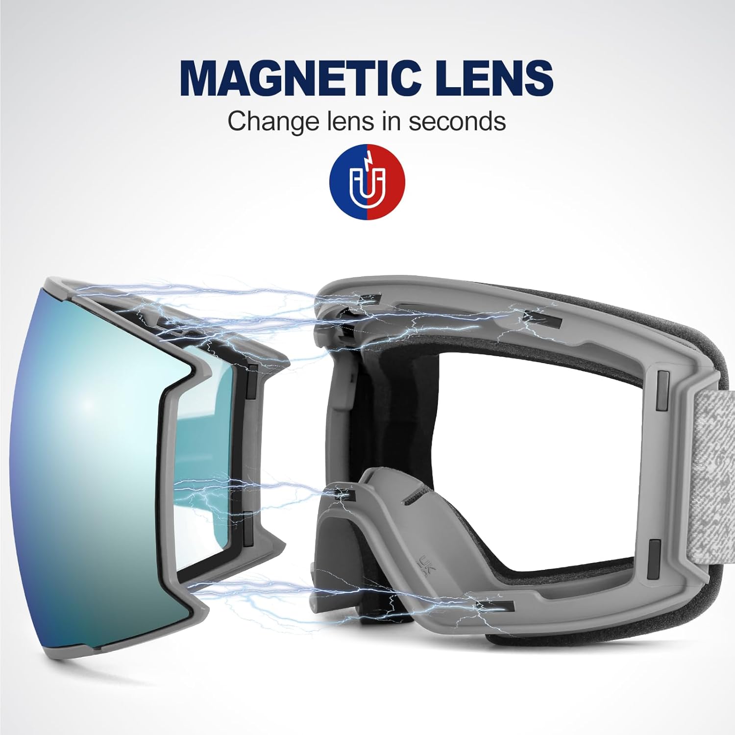 Odoland Magnetic Interchangeable Ski Goggles Set with 2 Lens, Anti-Fog UV Protection Snowboard Snow Goggles for Men Women