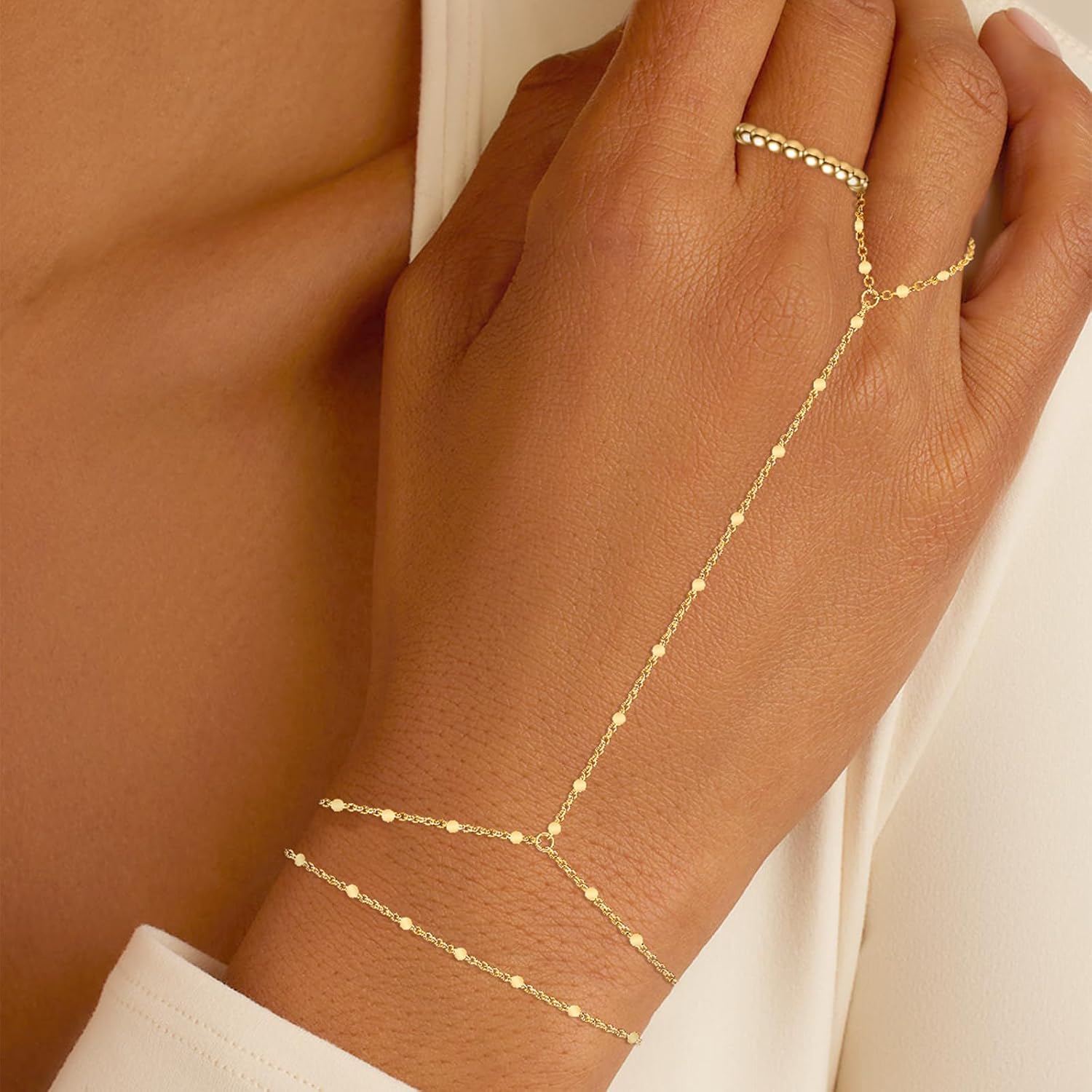 Gold Hand Chain Bracelet for Women-3PCS 14K Gold Plated Trendy Dainty Adjustable Stackable Tennis Link Ring Bracelet Hand Chain, Elastic Beaded Rings Non Tarnish Jewelry Gift for Women - Image 8