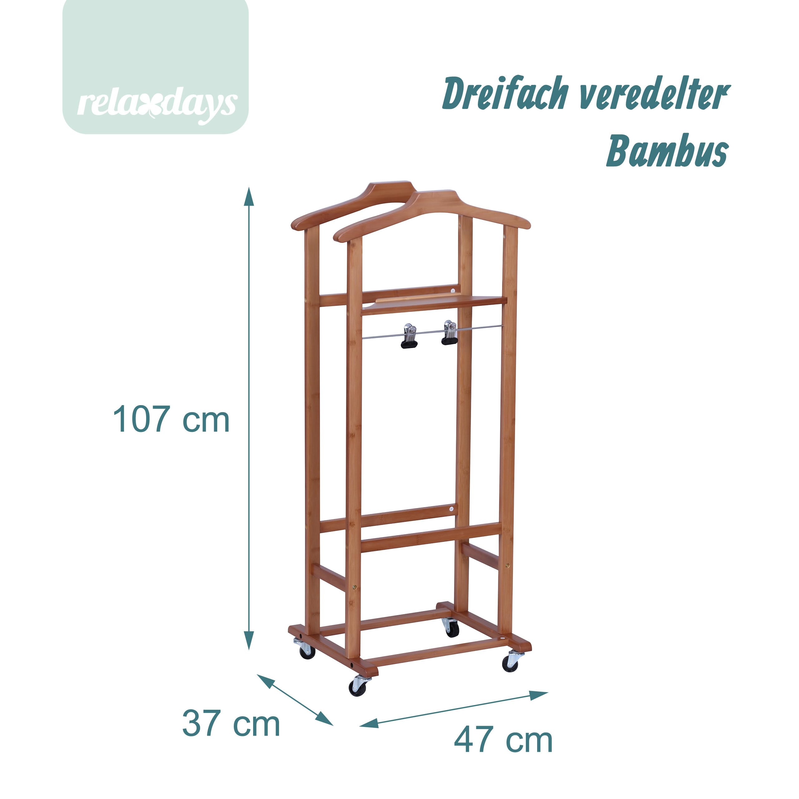 Relaxdays Herrendiener auf Rollen, Stummer Diener, Premium-Bambus, Kleiderablage Schlafzimmer, HBT: 107x47x37 cm, braun