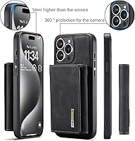Vista 6 de DG. MING - Funda tipo cartera 2 en 1 compatible con iPhone 15 Pro Max, funda de cuero retro magnética desmontable con triple cartera, ranura