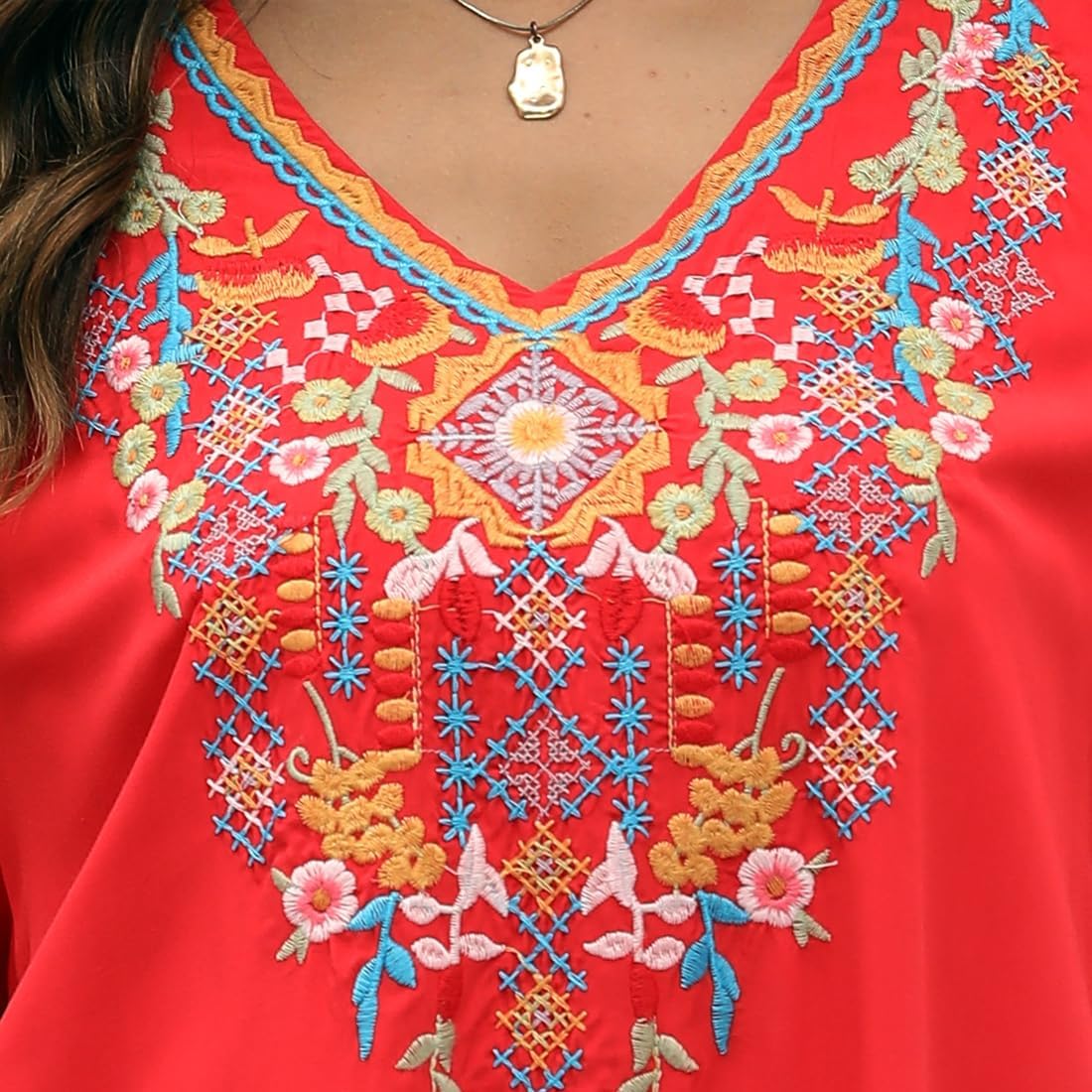 AK Caftan Boho Embroidered Dress for Women V-Neck Short Sleeve Mexican Floral Beach Cover Ups Midi Dress - Image 5