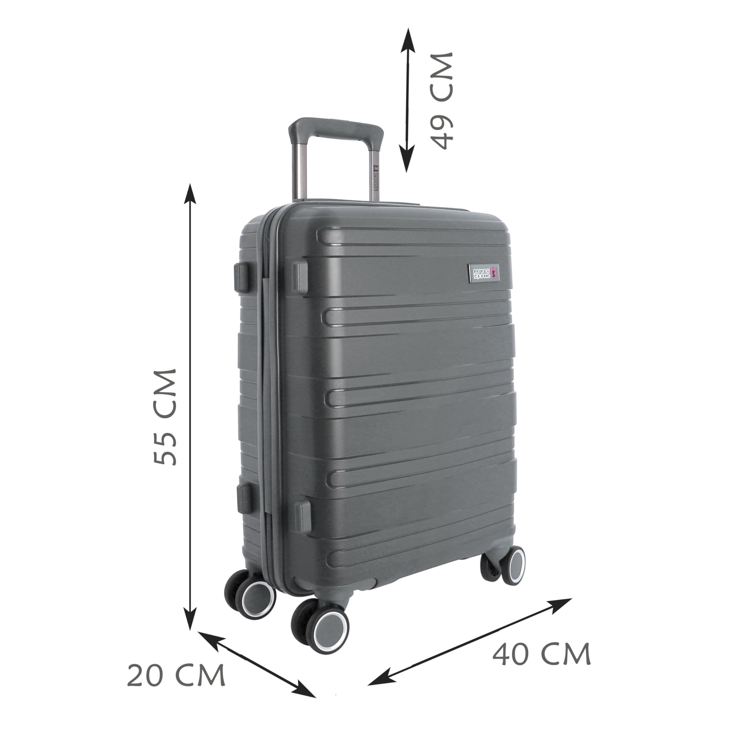 Coronel Tapiocca Valigia da cabina 55 x 40 x 20, valigia da viaggio adatta per Ryannair, trolley bagaglio per aereo, resistente, con 4 ruote a 360° e lucchetto TSA, grigio, Classico