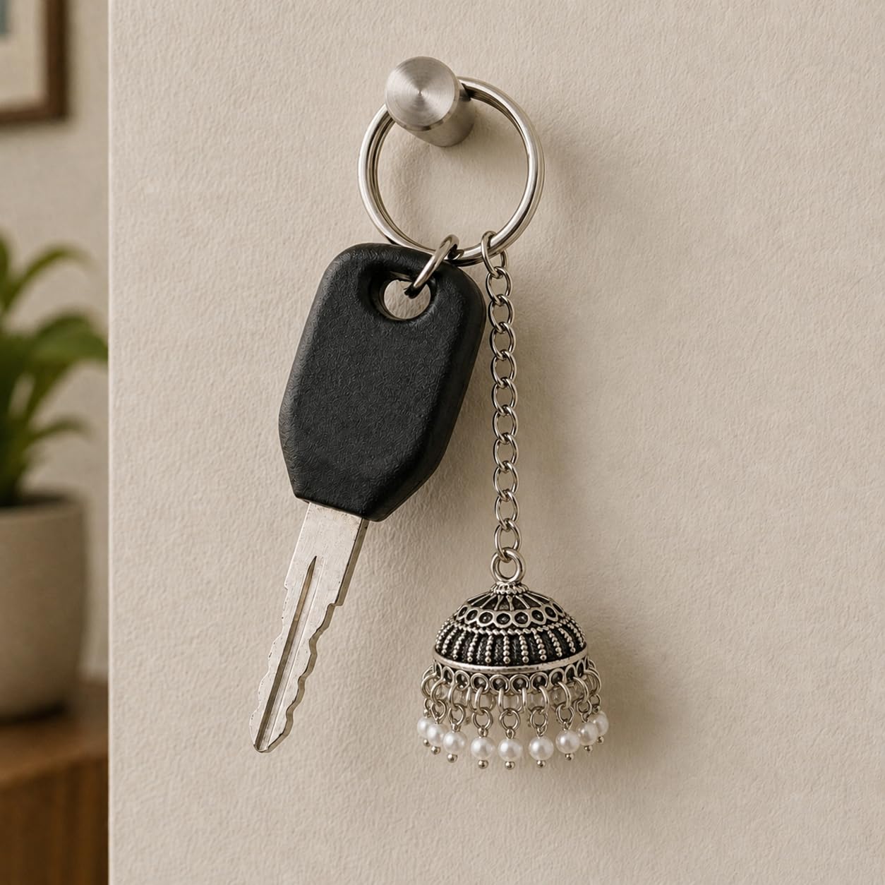 Oxidised Silver Jhumka Bike Keychain for Men & Women | Royal Hanging Pearl Tassel Key Ring for Bike Scooty Car Keys | Stylish Metal Keychain Accessory Gift-image-26