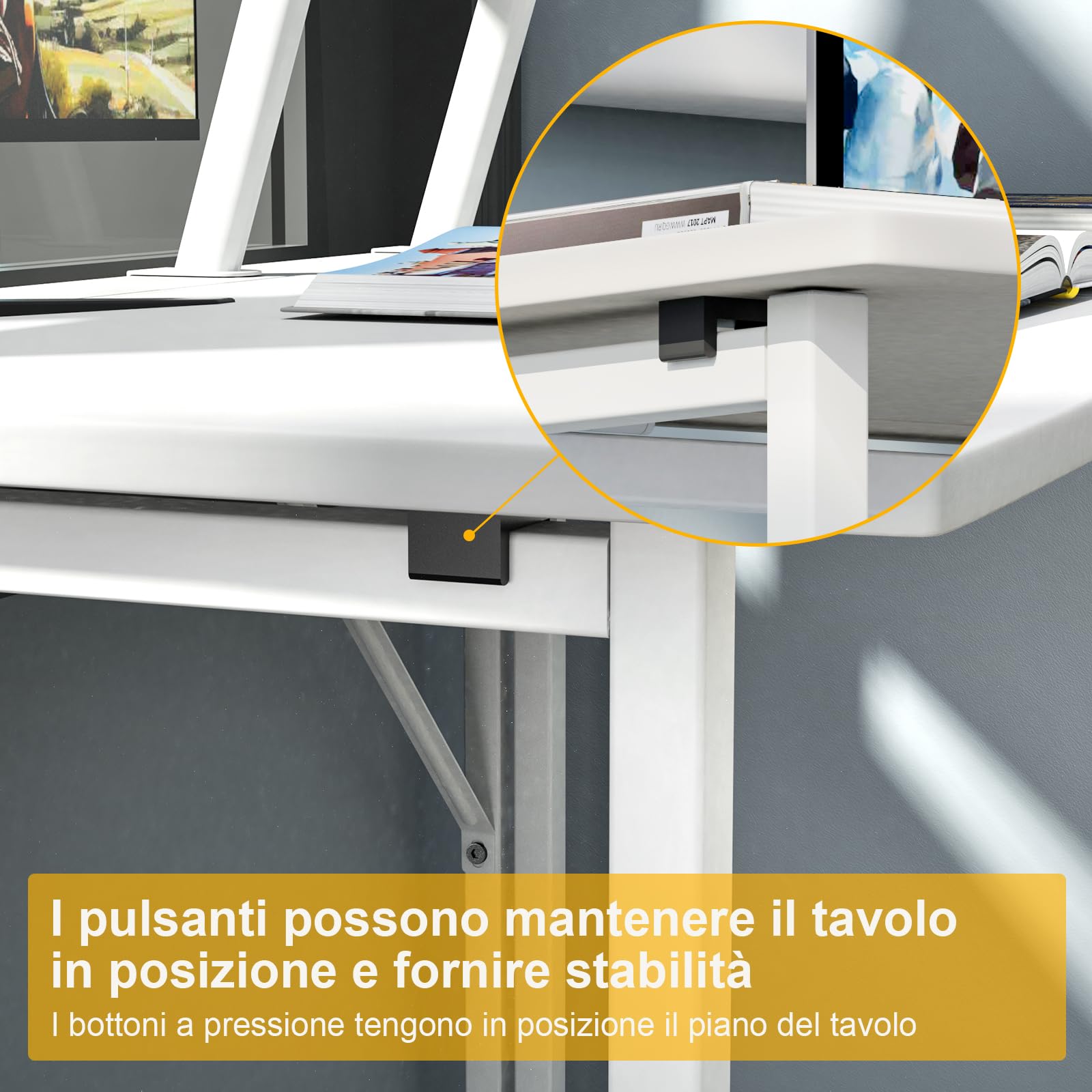 Scrivania Pieghevole con Supporto Salvaspazio, Bianca - Struttura in Metallo Moderna e Semplice per l'Ufficio di Casa 80x45x74 cm