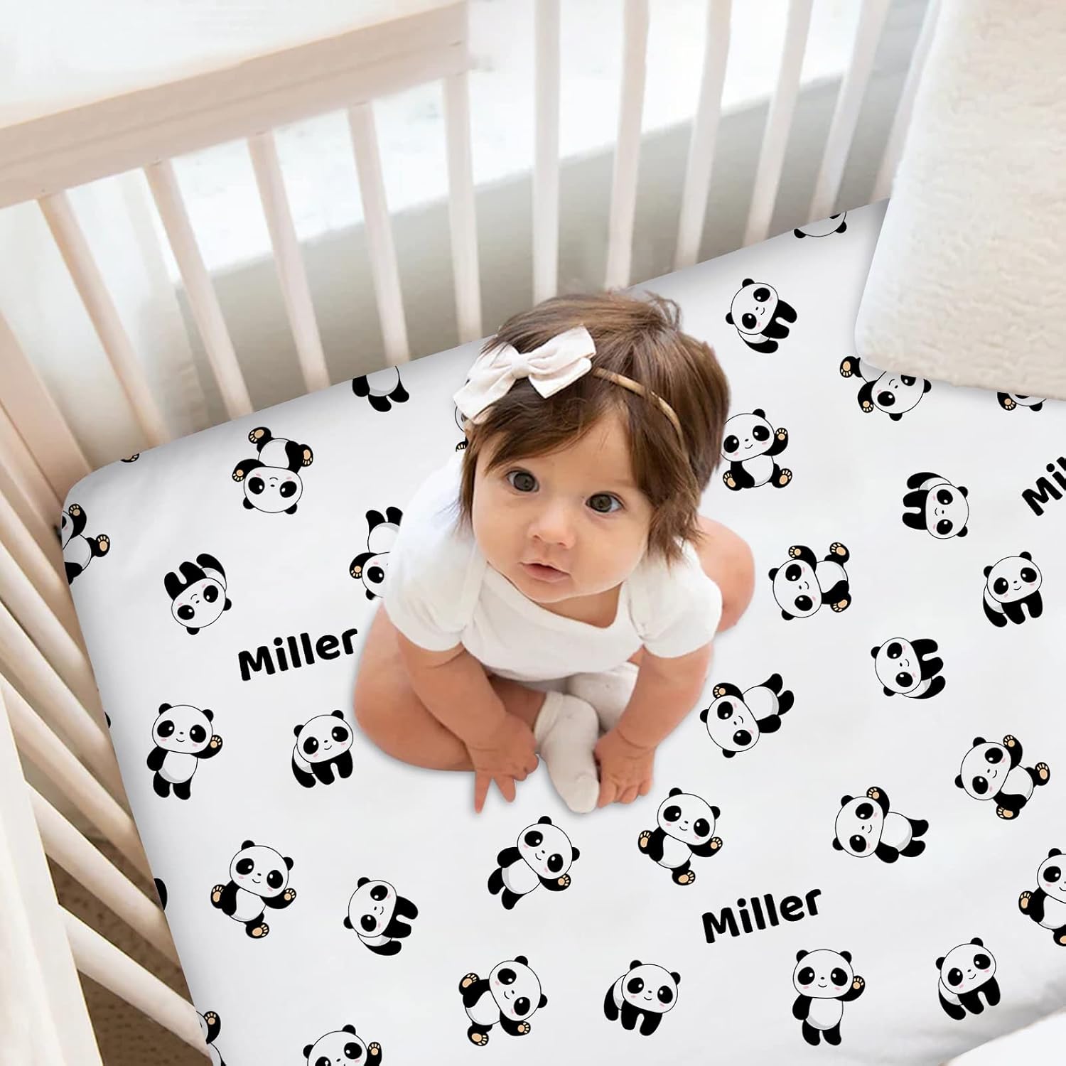 Cute Panda Personalized Fitted Crib Bedding with Name, Custom Crib Mattress Sheets for Baby Girls Boys, Pack and Play Sheets