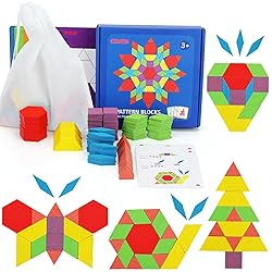 GEMEM 155 Pcs Wooden Pattern Blocks Set Geometric Shape Puzzle Kindergarten Classic Educational Montessori Tangram Toys for Kids Ages 4-8 with 24 Pcs Design Cards