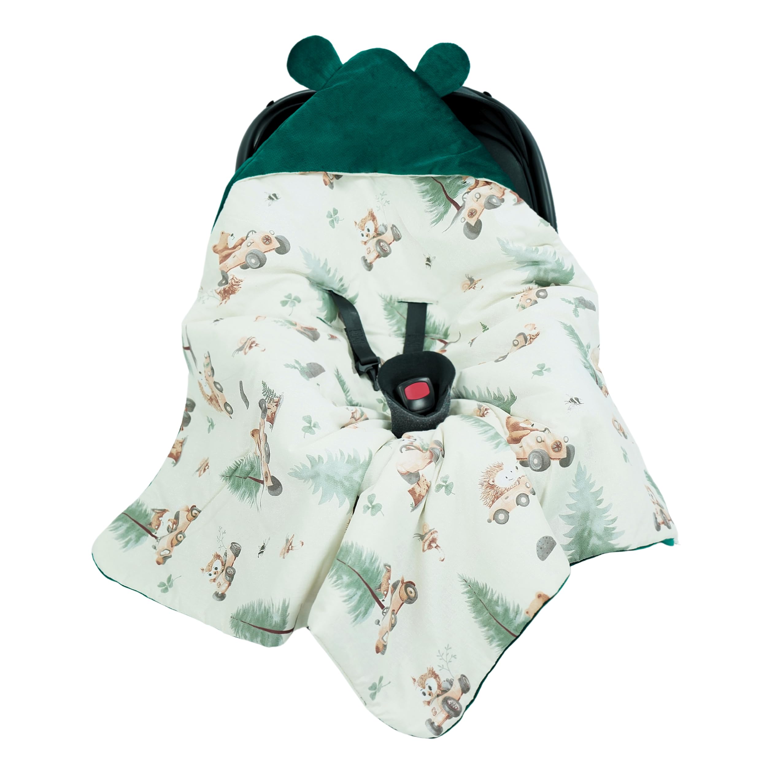 Flumi Couverture Enveloppante Bébé pour Siège Auto, Poussette et Nacelle – Capuche, Ouvertures Harnais, Lavable, Personnalisation Prénom (Animaux Verts)