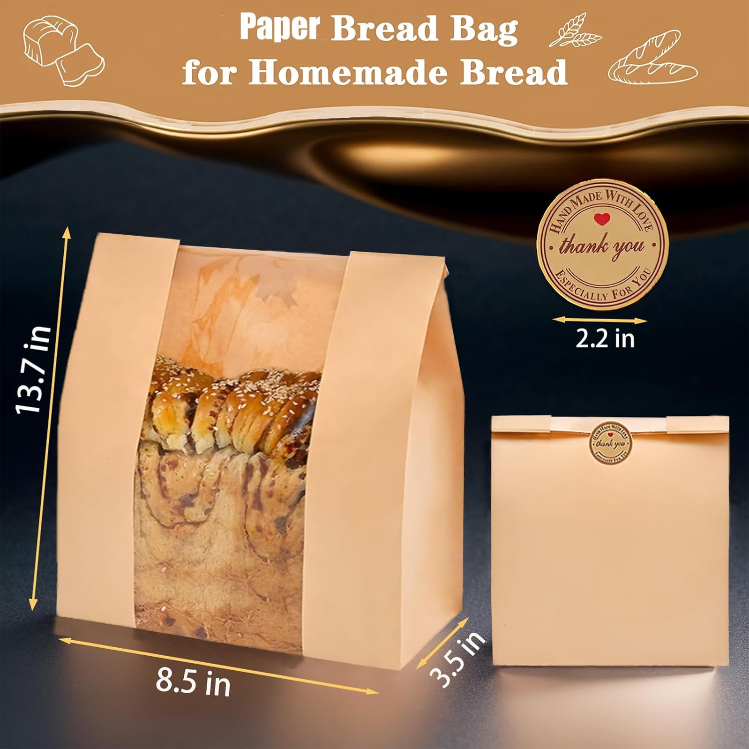 200 Pcs Sourdough Bread Bags with Window, bread Bags for Homemade Bread, Bakery Bag for Storage Packaging - Large Sourdough Bag (13.7 * 8.2 * 3.5 in) - 200 Pcs Thank You Bonus Label Stickers