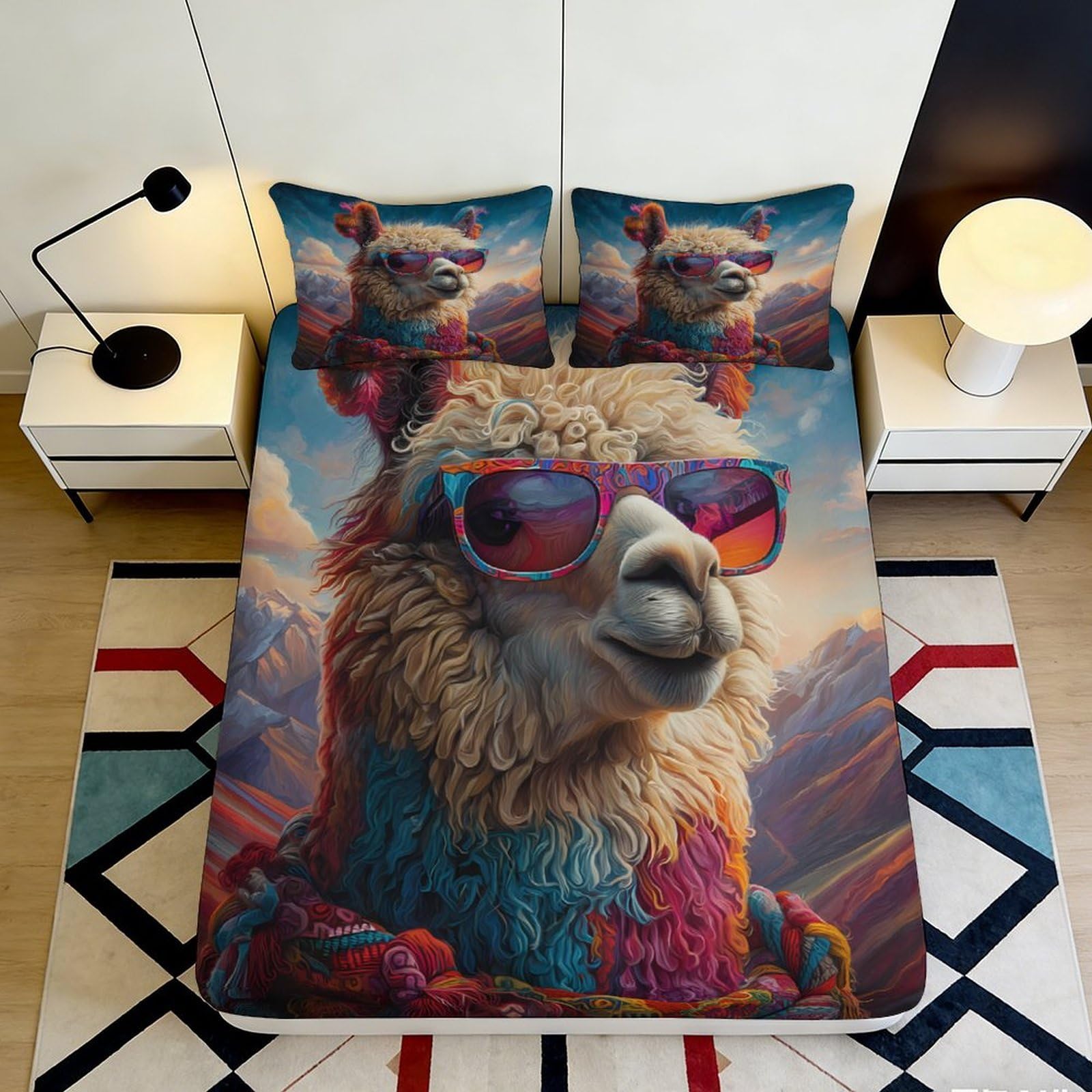 3D Printed Cool Llama Fitted Sheet Microfiber Soft Breathable Alpaca Sunglasses Mattress Cover for Bedroom Dorm Decor 90x200x25cm