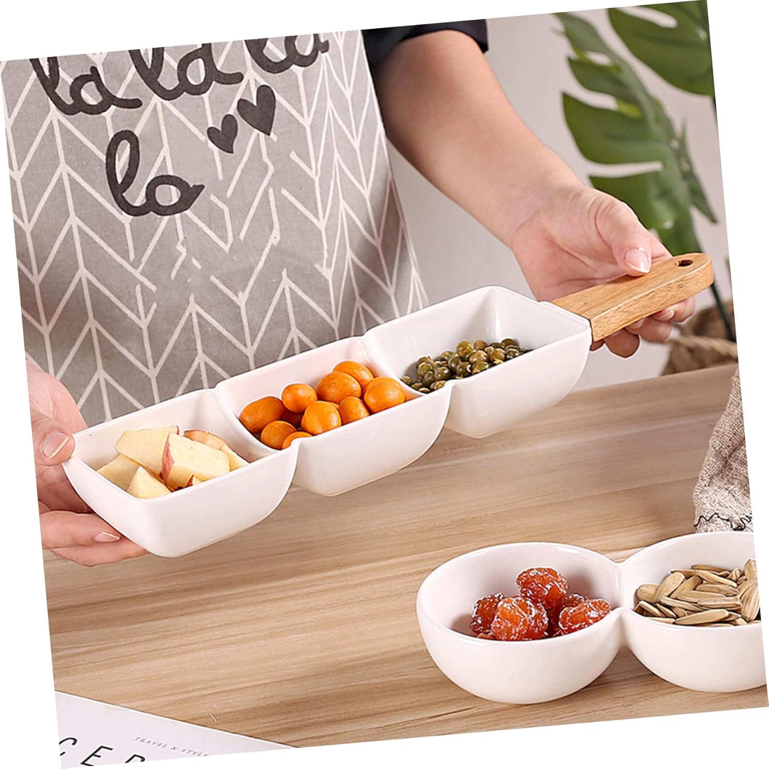 Cabilock 2pcs Ceramic Snack Bowl Wooden Handle Bowls for Side Dishes Serving for Party Sauce Dish Condiment Plate