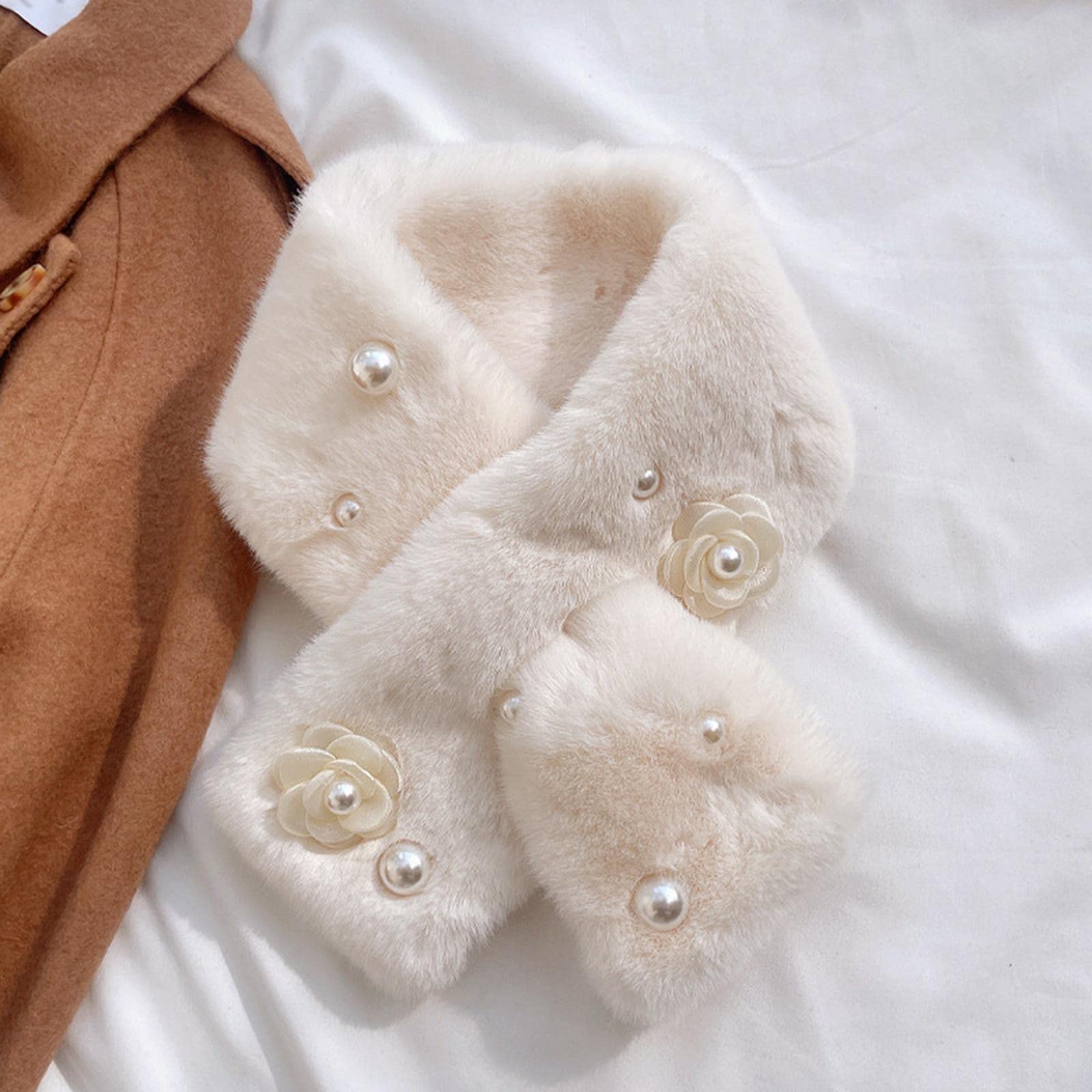 MOGSA Bufandas para mujer, diseño de flores, piel de conejo sintética, bufanda cruzada para mujer, invierno, al aire libre, protección de cuello grueso, chal cálido