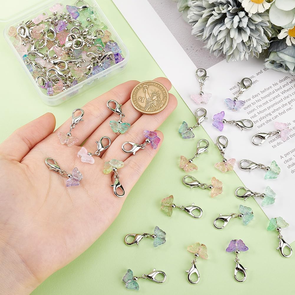 PH PandaHall 60pcs Glass Butterfly Dangle Charms, 6 Colors Clip-on Stitch Marker Charms with Lobster Clasps Transparent Butterfly Pendants for Knitting DIY Earrings Necklace Jewelry Crafts - Image 3