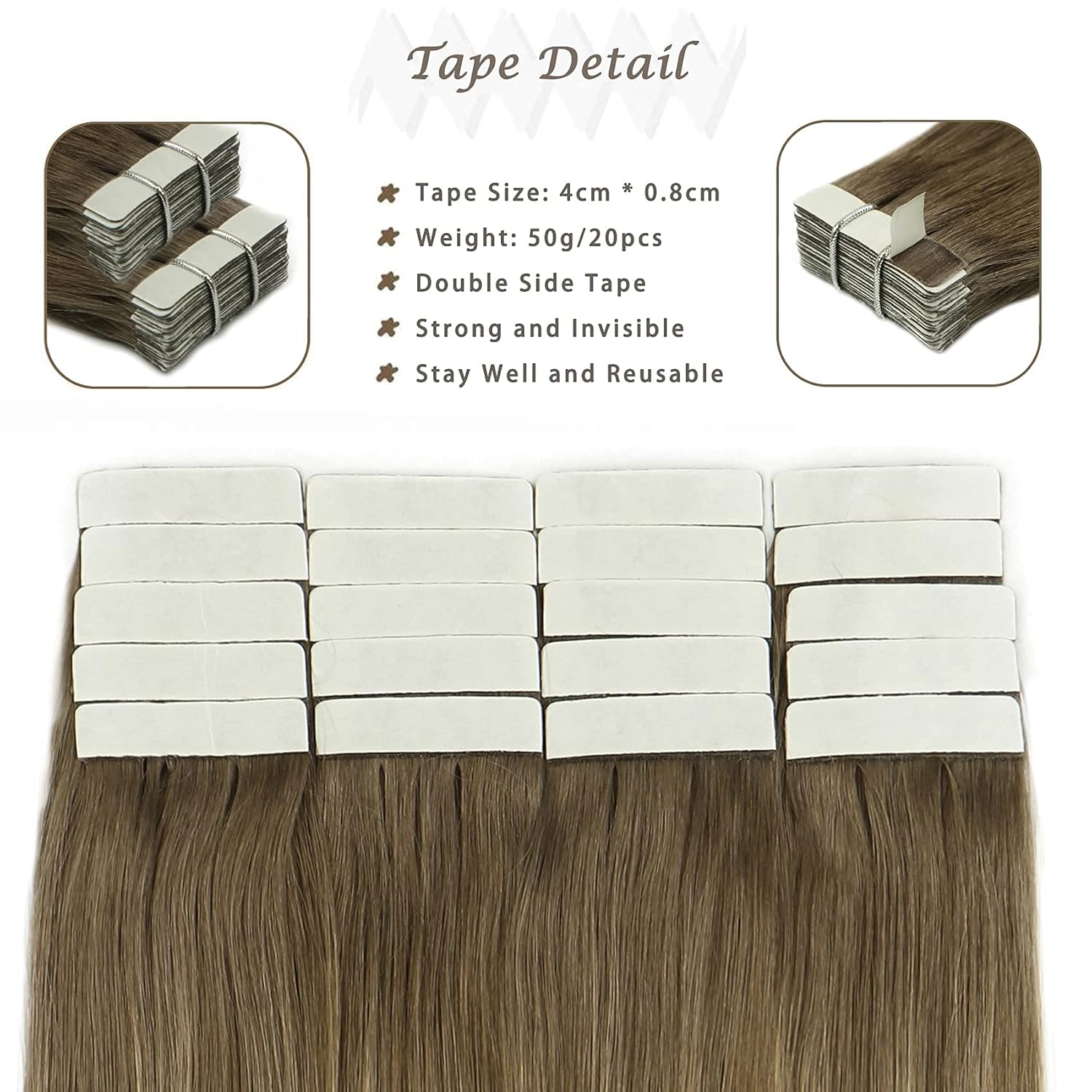 Hair Extensions Tape Real Remy Human Hair Double Wefted Straight Hair Bundles Light Brown Mix with Platinum Blonde 20 Inch 50g Real Human Hair Extensions Tape in Hair Extensions No Tangling