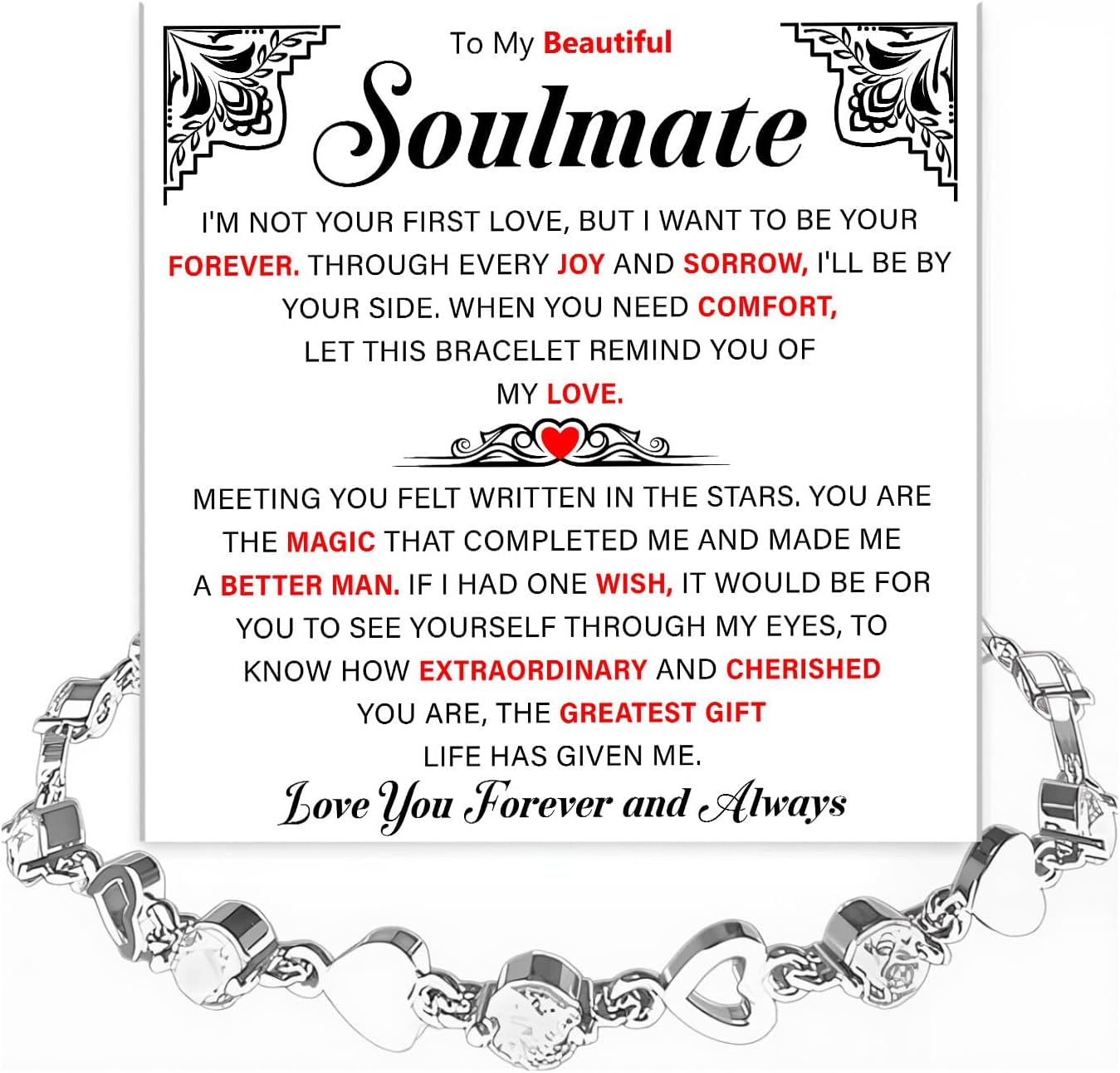 To My Beautiful Soulmate Heart Bracelet for Women – Romantic Gift for Wife, Girlfriend or Fiancée from Husband – Love Message Card & Gift Box, Anniversary Valentine Birthday Jewelry