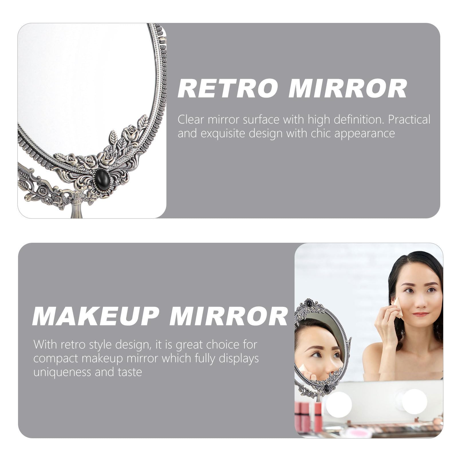 TOYANDONA Specchio da Toeletta Decorativo Retrò in Metallo con Supporto Girevole, Specchio Cosmetico Portatile a Doppia Faccia per Uso Indoor e Regali