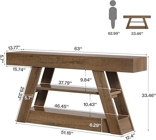 Miniatura 2 de Tribesigns Mesa consola de madera de 63 pulgadas con estantes de almacenamiento, mesa de sofá de entrada larga rústica detrás del sofá para sala de