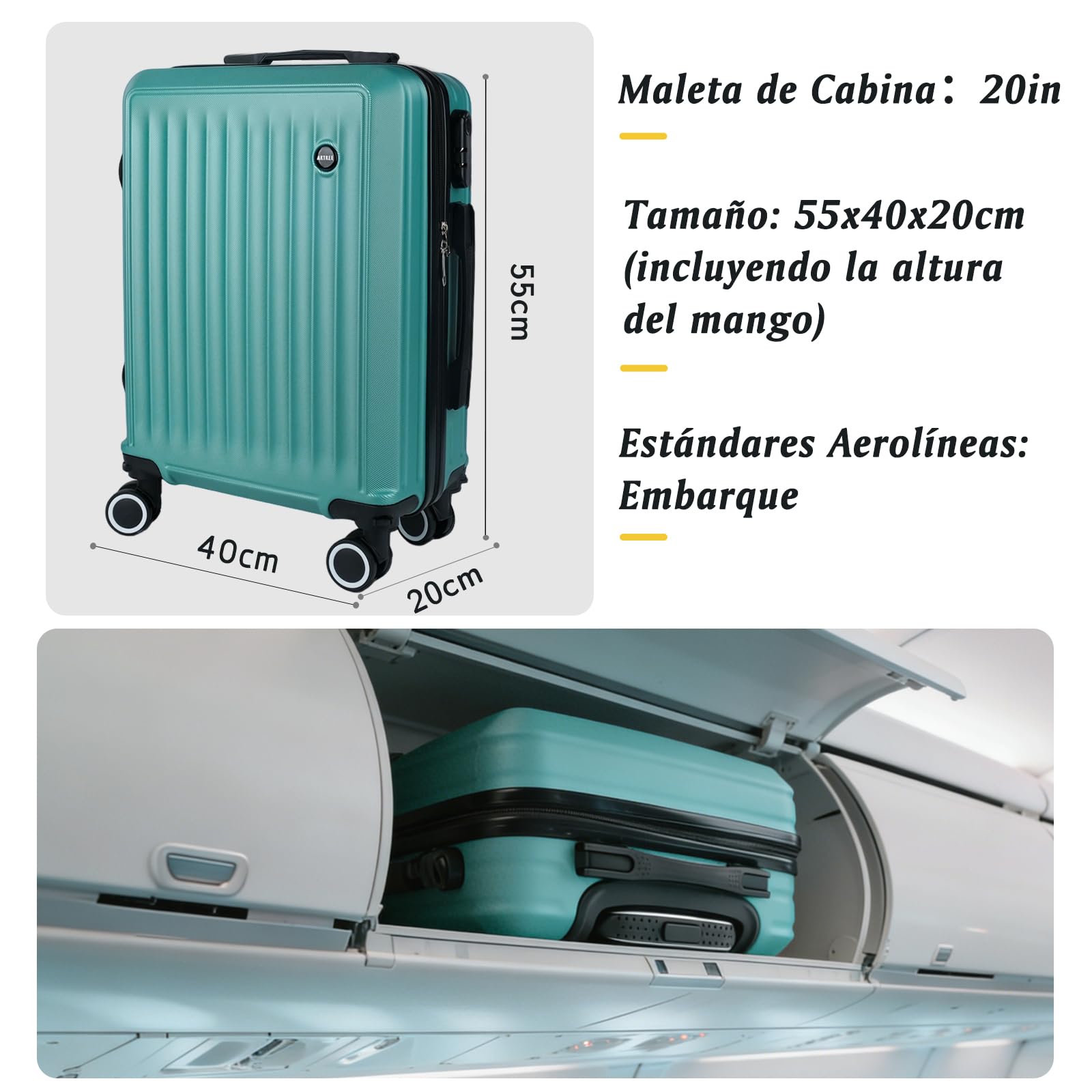 Maleta de Cabina 55x40x20cm, Trolley de Cabina Rígido Resistente Ligera de ABS Ruedas 360° con Tirador telescópico y Cerradura Seguridad, Apto para Vueling, Ryanair, EasyJet(Verde Metalizado)
