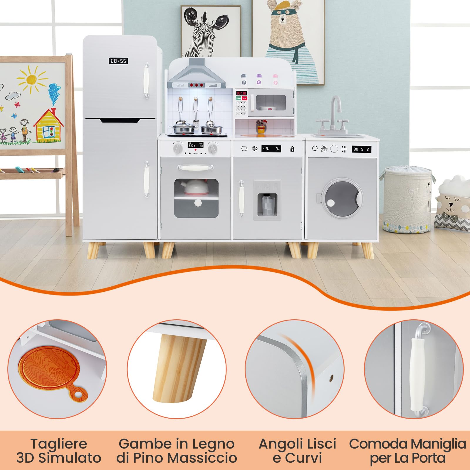 GYMAX Set Cucina Giocattolo Modulari per Bambini, Cucina Angolare con Cappa, Lavatrice, Macchina del Ghiaccio, Microonde, Luce e Suoni Reali, Cucina per Bambini dai 3 Anni+ (Grigio)