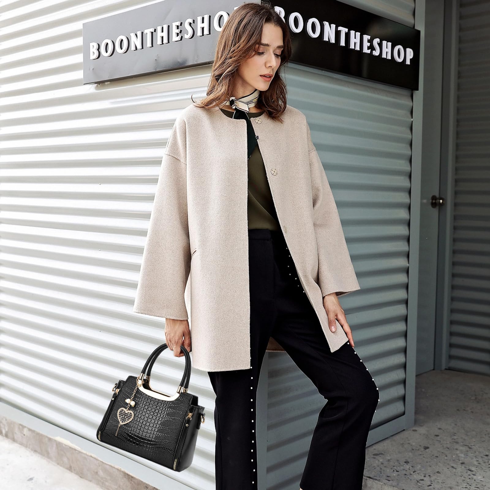 NICOLE & DORIS Ladies Satchel Handbag Women Top Handle Bags Crocodile Hand Bags with Pendant Black