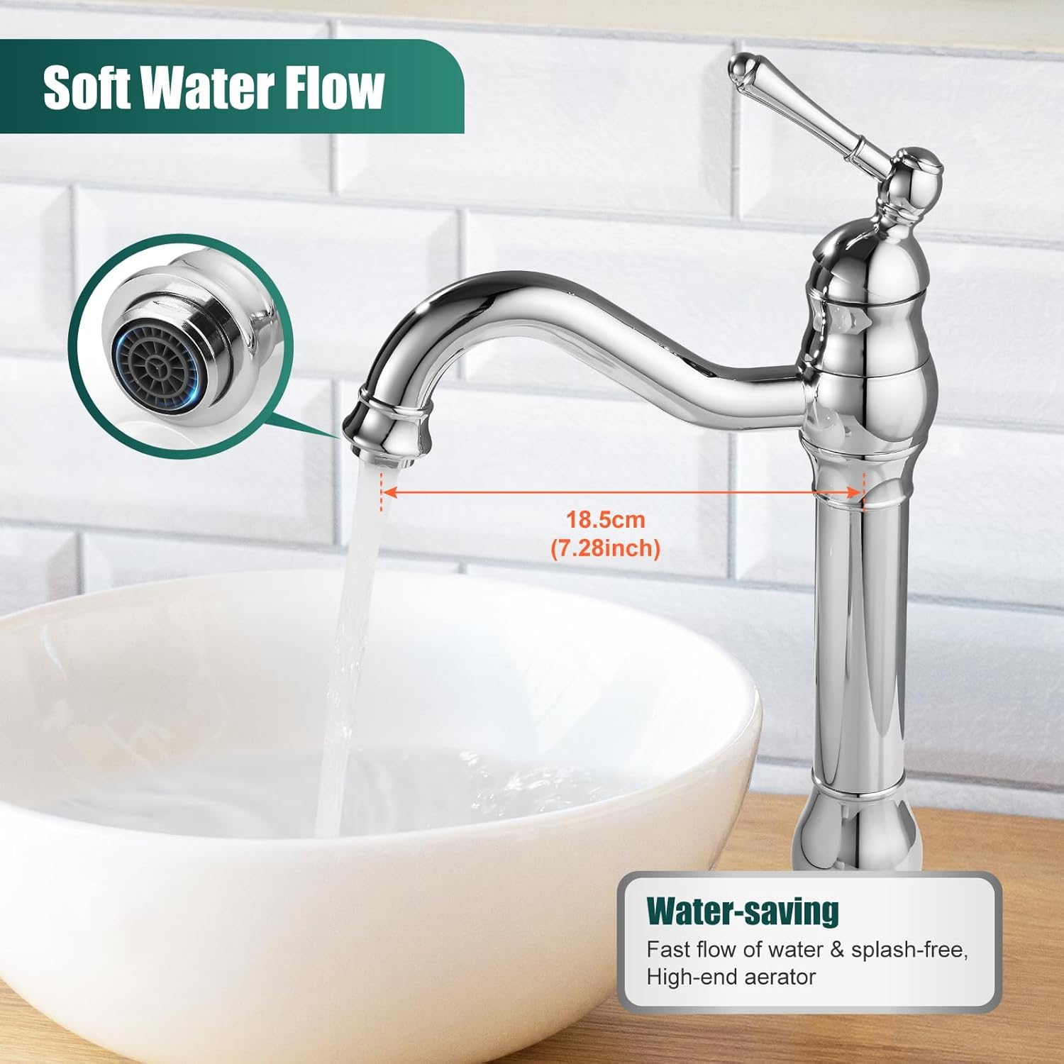 Heyalan Vessel Sink Faucet Tall Bathroom Faucet Single Handle 1 Hole High Spout with Drain Material 360 Degree Adjustable Lavatory Vanity Mixer Tap,Straight Body,Polish Chrome