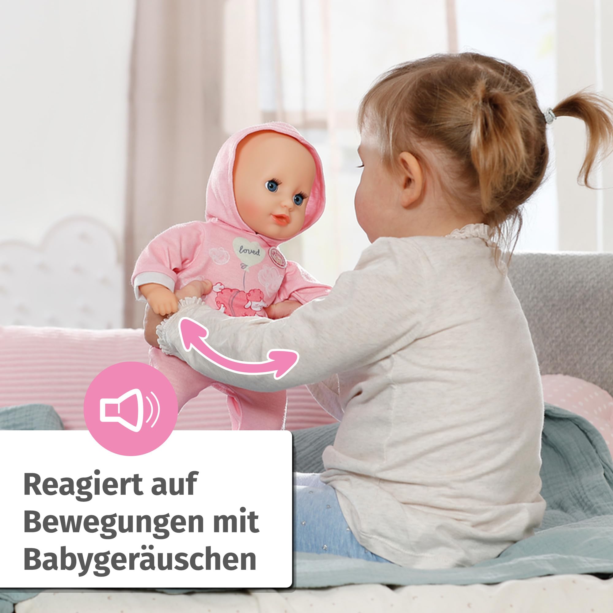 Baby Annabell Hannah Spiel mit Mir 36cm, Babypuppe mit 5 Funktionen, weichem Stoffkörper und Accessoires, 36cm große Puppe, für Kinder ab 1 Jahr, 711002 Zapf Creation