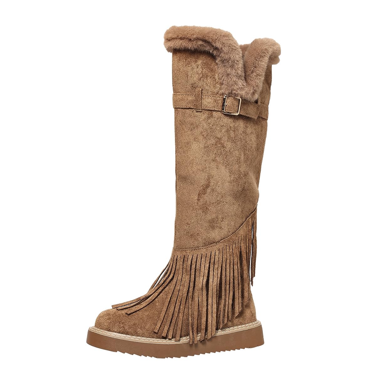 Womens Snow Boots Warm Winter Flat Fringe Knee High Shoes Outdoor Round Toe Side Zipper Riding Booties
