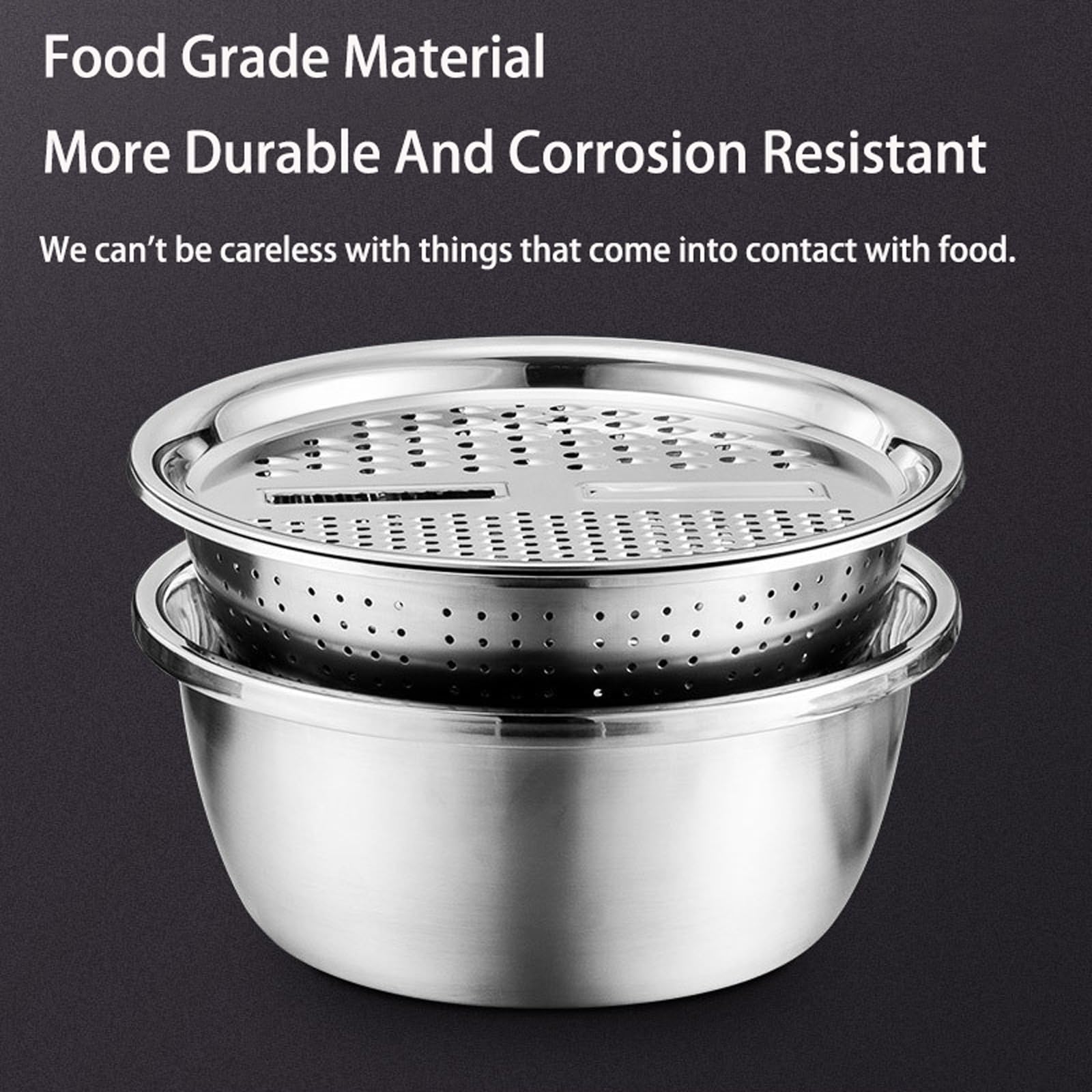 Multifunctional Stainless Steel Basin, Scolapasta in Acciaio Inox con Ciotola e Grattugia, Ciotola per Riso, per Insalata, Frutta, Riso, Pasta, Preparazione Metallic,26CM/10IN