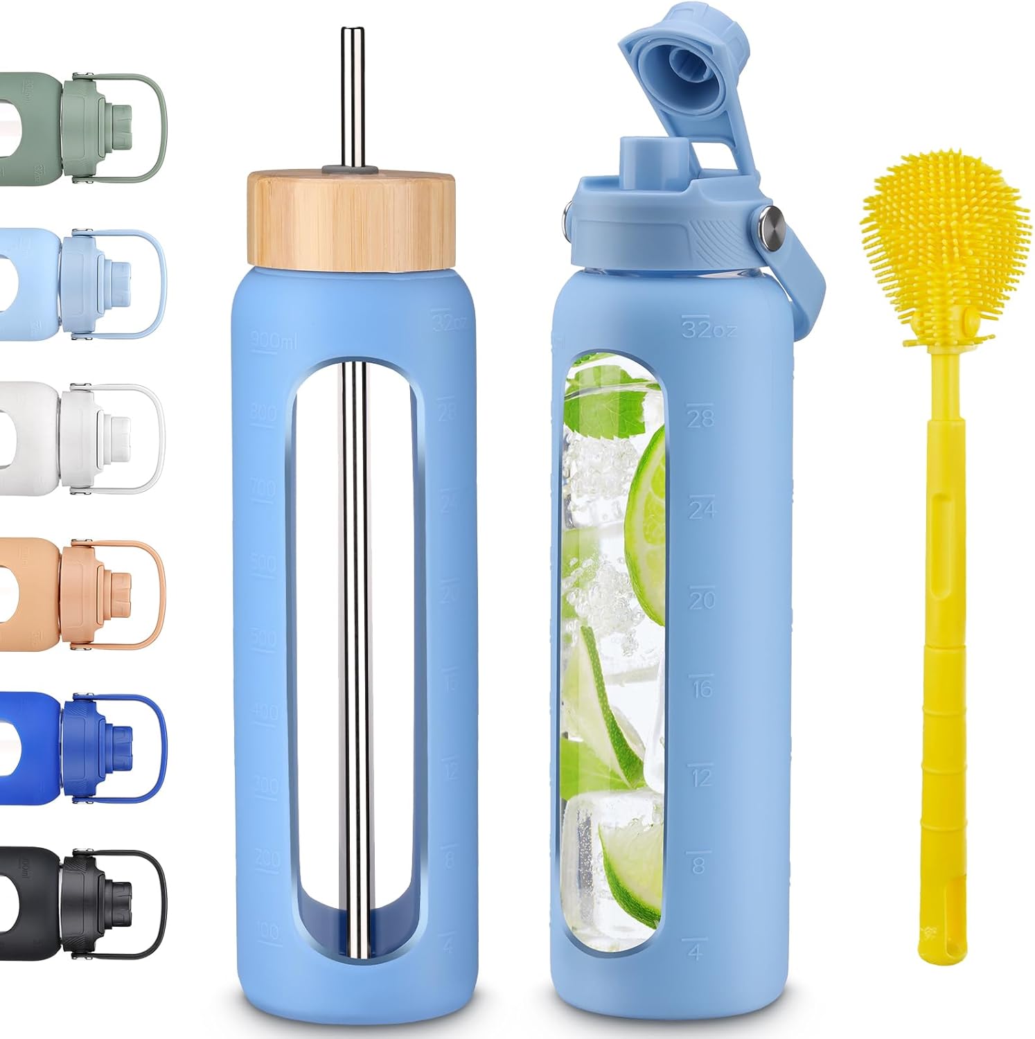 32 oz Glass Water Bottles With Two Lids Bamboo Straw Lid and Handle Spout Lid-1 Liter Glass Tumbler with Silicone Sleeve and Straw Leakproof BPA Free For Home Office Gym