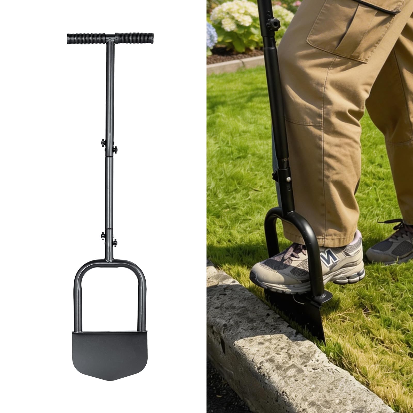 Manual Lawn Edger Tool - Half Moon Heavy Duty Steel Border Edger with Long Rubber Handle & Wide Footplate for Effortless Garden & Turf Maintenance
