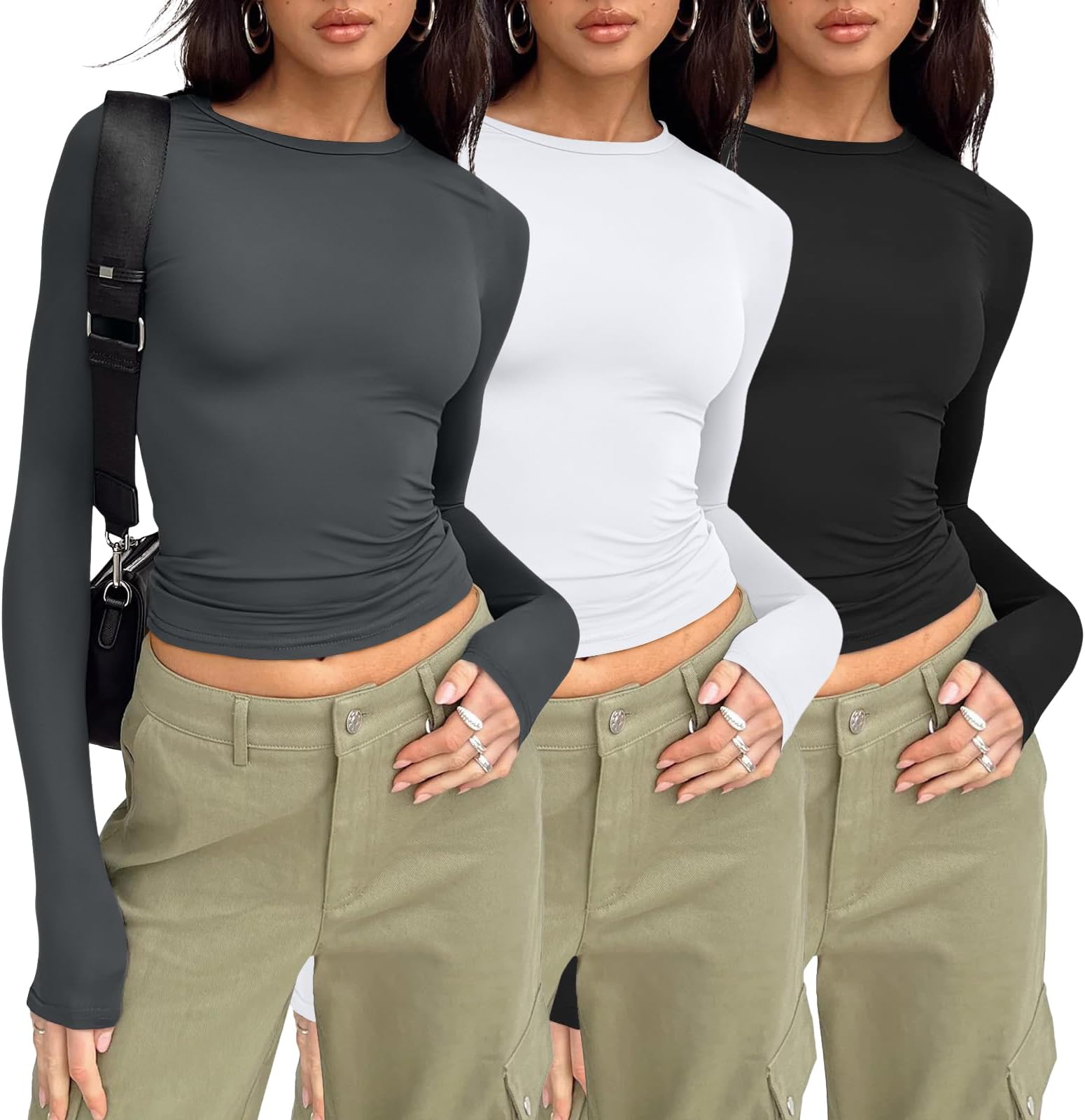 3 Pack Womens Long Sleeve Crop Tops Basic Fitted T Shirts Slim Fit Crew Neck Y2K Layering Tees