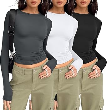 46% off: AUTOMET 3 Pack Womens Basic Crew Neck Long Sleeve Slim Fit Crop Tops