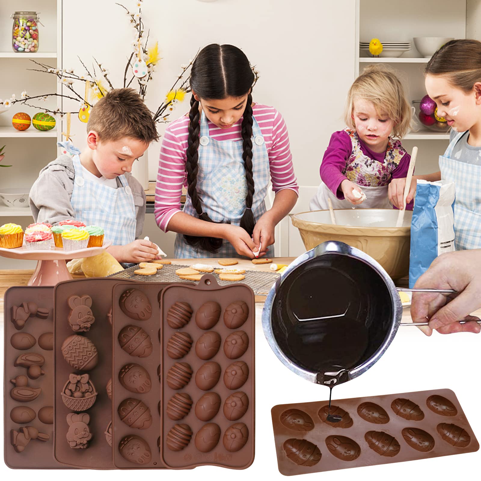 Lot 4 Moules à Chocolat Silicone Pâques - Œufs Et Lapins | Antiadhésif Et Réutilisable | Patisserie Festive