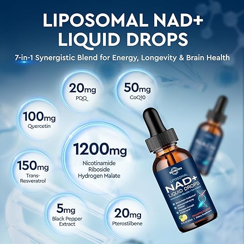Vista 2 de Suplemento liposomal NAD 1200 mg NAD+ gotas líquidas para mujeres y hombres, ribósido de nicotinamida con resveratrol, PQQ, CoQ10, quercetina