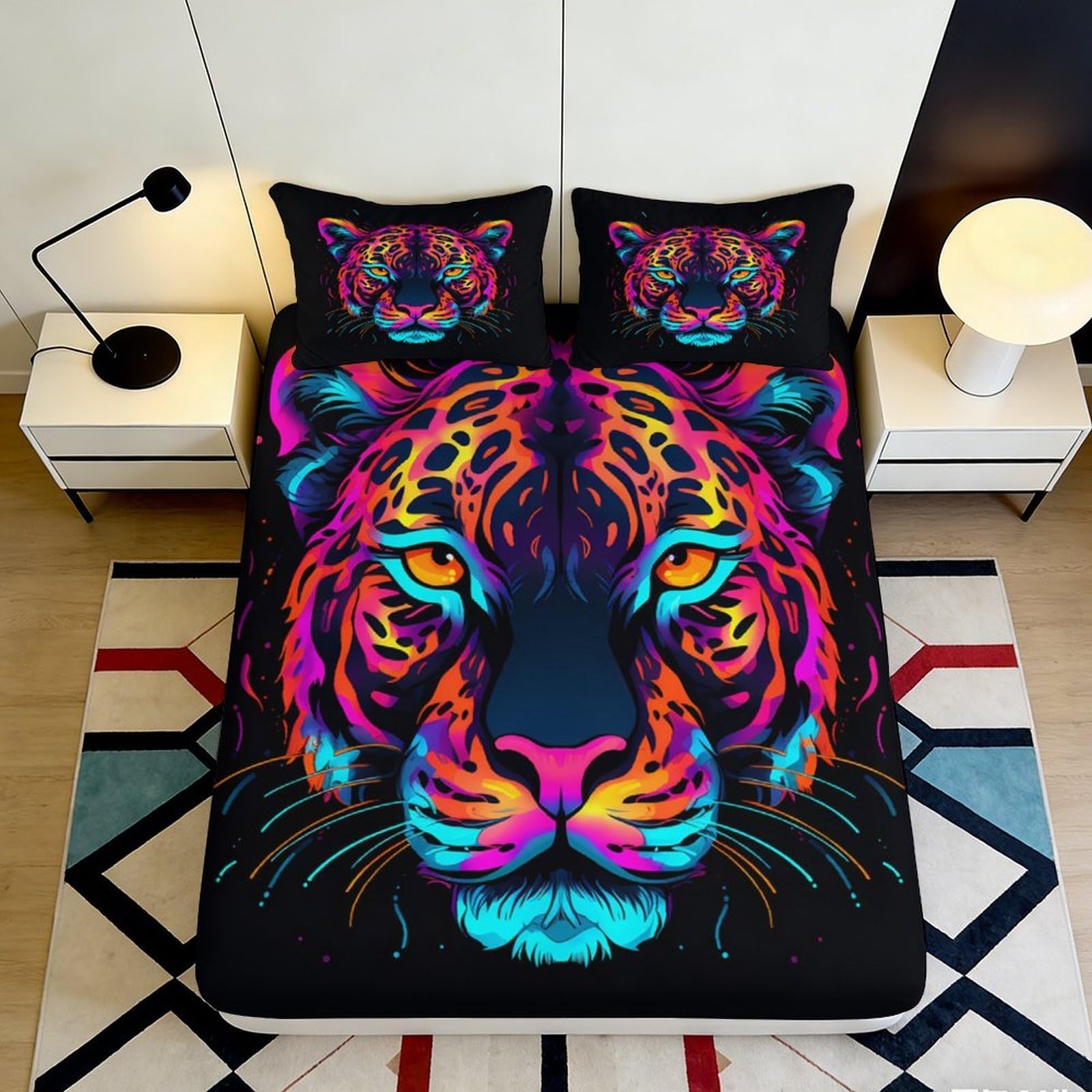 3D Printed Neon Tiger Fitted Sheet Microfiber Soft Durable Colorful Leopard Mattress Cover for Bedroom Dormitory Guest Room Protection and Decoration 140x200x25cm