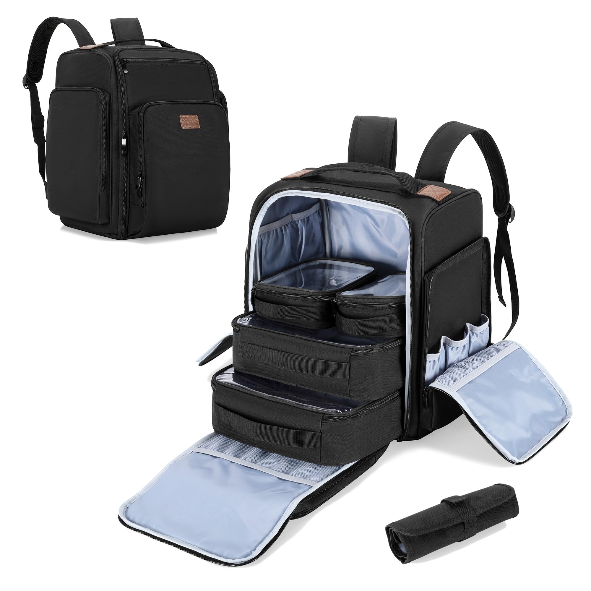 BAFASO Bolsa de Cosméticos Mochila con 4 Bolsas Interiores Extraíbles y 1 Bolsa de Pinceles de Maquillaje, Bolsa de Maquillaje de Viaje Multifunción (Solo Bolsa), Negro