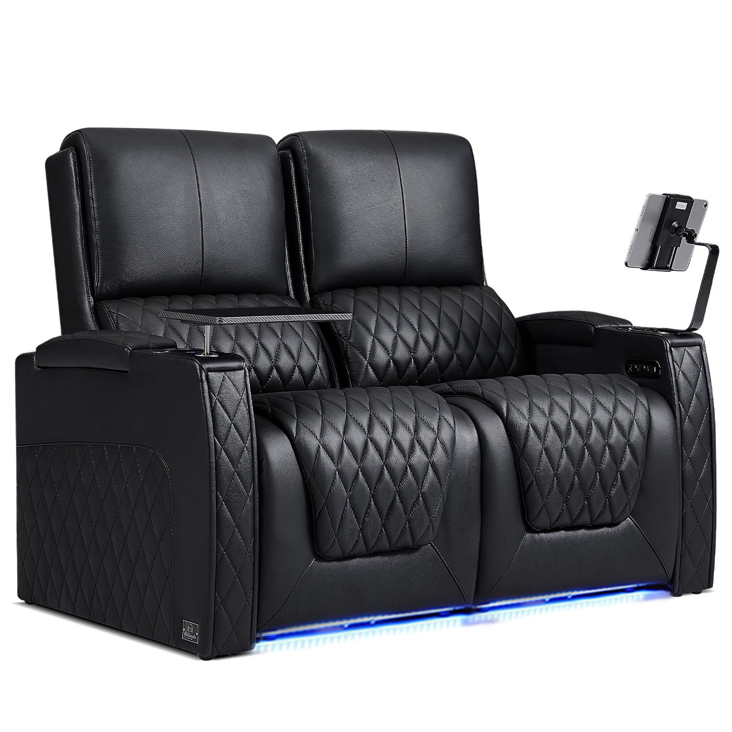 Weilianda Astronaut Zero Gravity Home Theater Seating Top Grain Leather Recliner Sofa Power Headrest Footrest with Carbon Fiber Tray Table, Tablet Stand, Cup Holders Row of 2 Loveseat Black