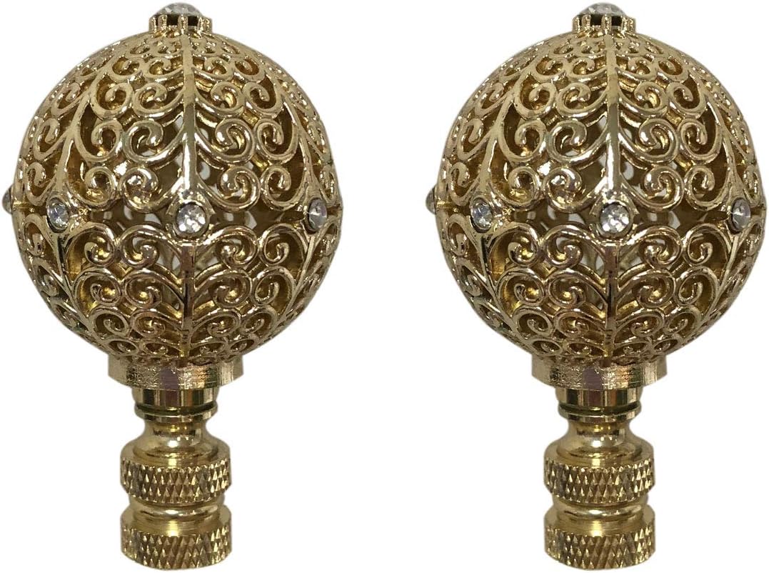 Royal Designs Traditional Filigree Globe 2.75" Crystal Embelishment Lamp Finial for Lamp Shade, Polished Brass - Set of 2