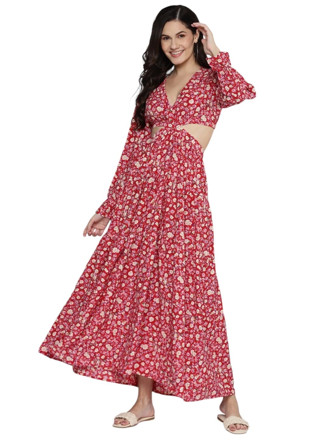 SASSAFRAS Women’s Poly Crepe Fit and Flare Ankle Length Casual Dress