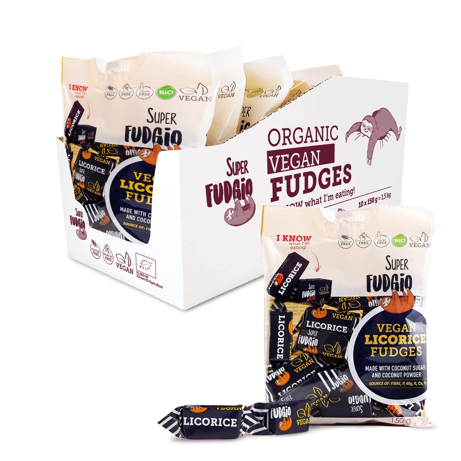 SUPER FUDGiO Organic Bonbons - Lakritz – Vegan und Glutenfrei ohne Palmöl - mit Bio Kokosmilch und Kokosnusszucker | 10 X 150g